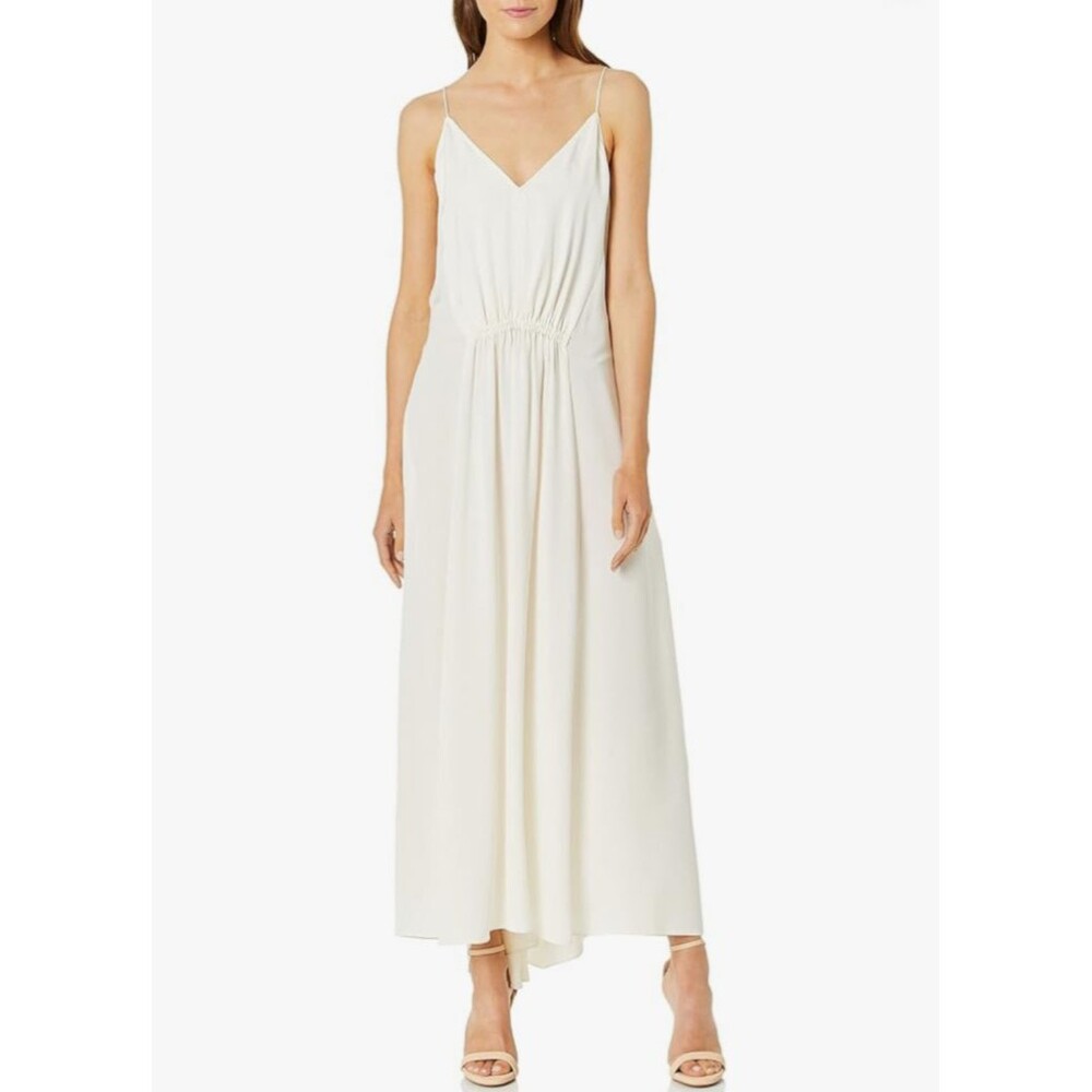 Theory Women's Silk Sleeveless Relaxed V Neck Maxi Dress size 4 Ivory Boho Fairy